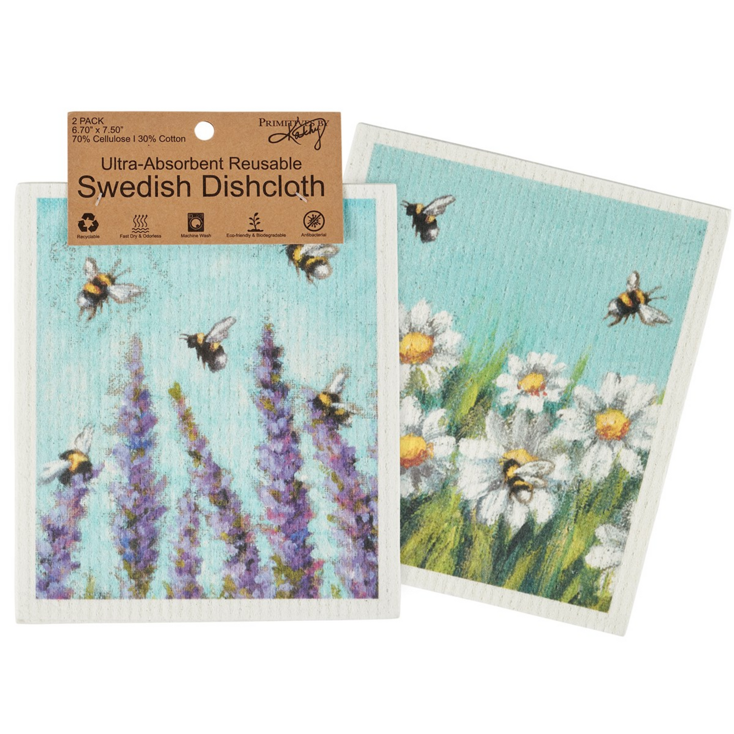 Lavender, Daisy, and Bees Swedish Dishcloth by 'Primitives by Kathy'